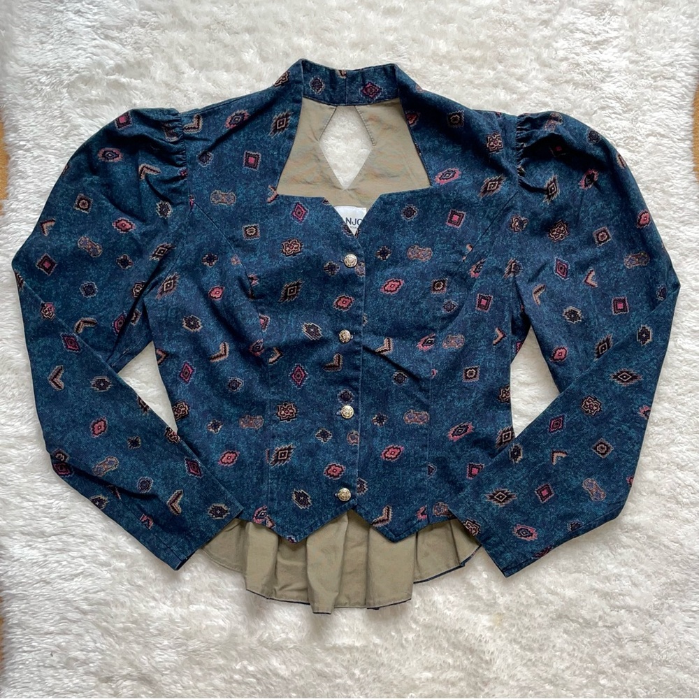 Banjo 90’s crop denim corduroy button up western print puff sleeve blouse - Picture 1 of 8
